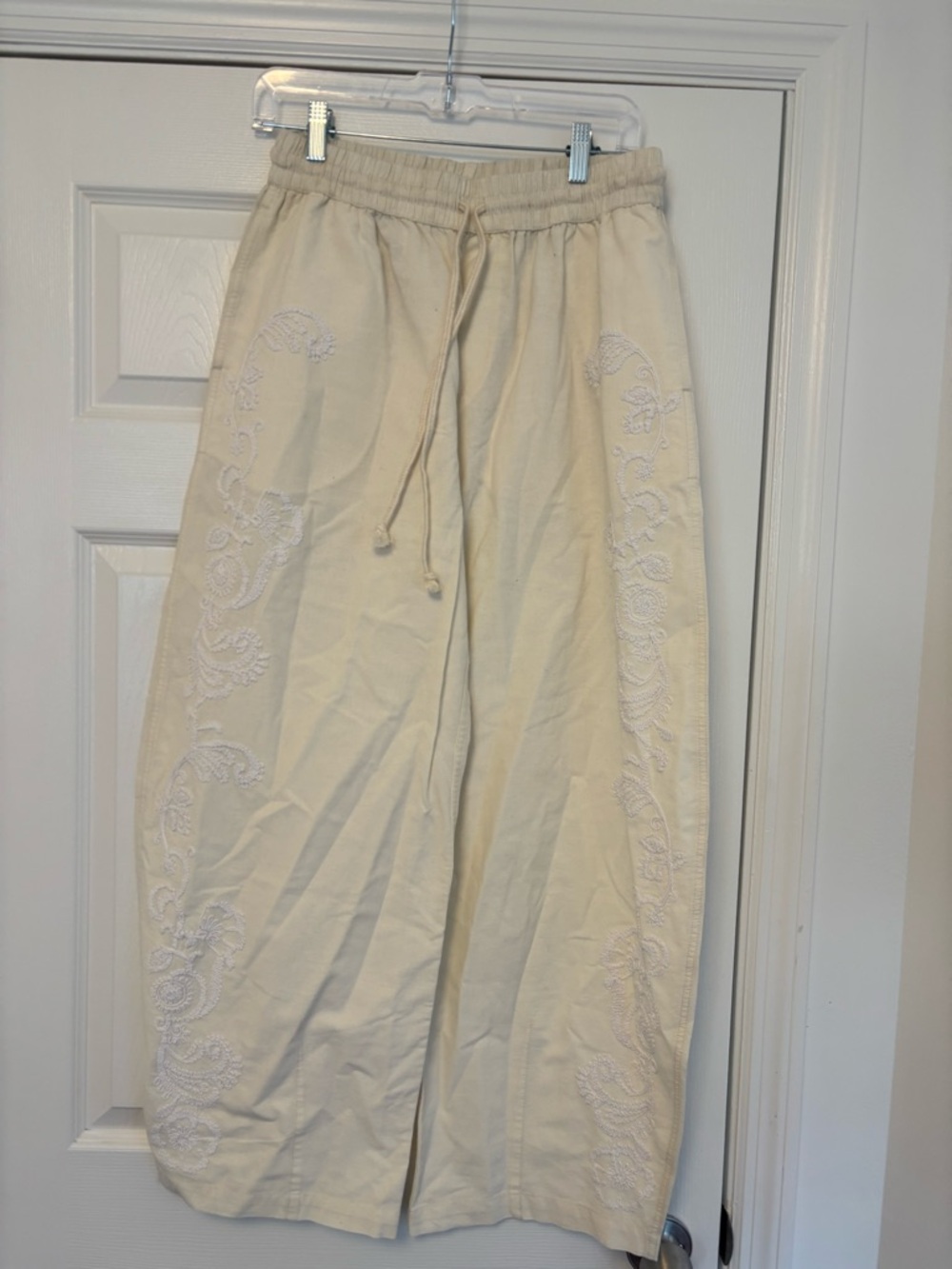 Free People Lex Embroidered Pull On Barrel Pants Ivory Size Small Linen Blend - Picture 8 of 14